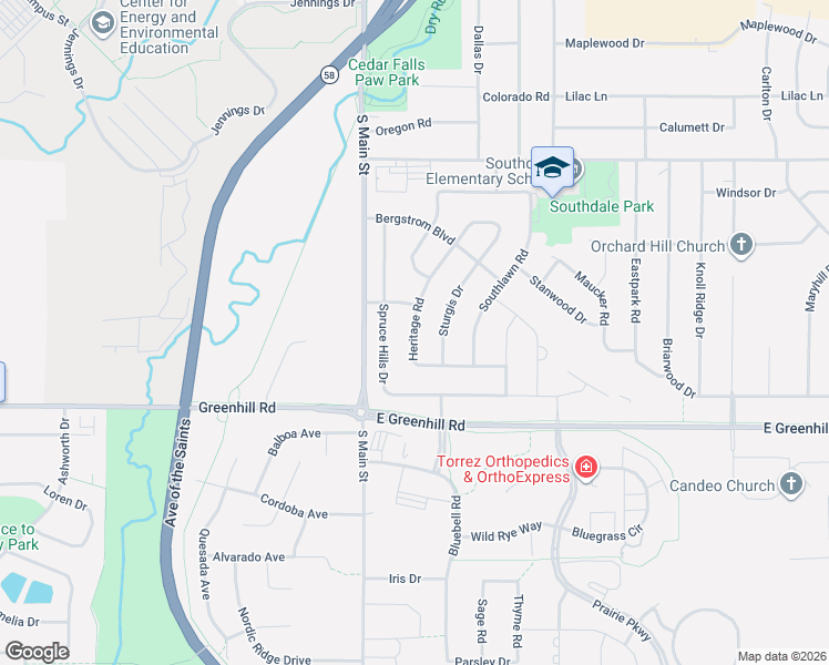 map of restaurants, bars, coffee shops, grocery stores, and more near 4108 Heritage Road in Cedar Falls