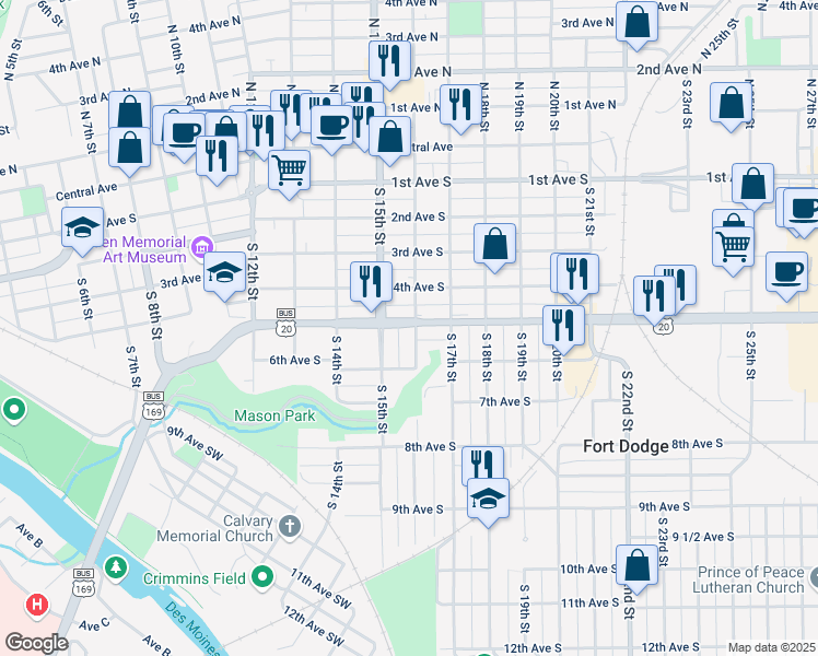 map of restaurants, bars, coffee shops, grocery stores, and more near 1601 5th Avenue South in Fort Dodge