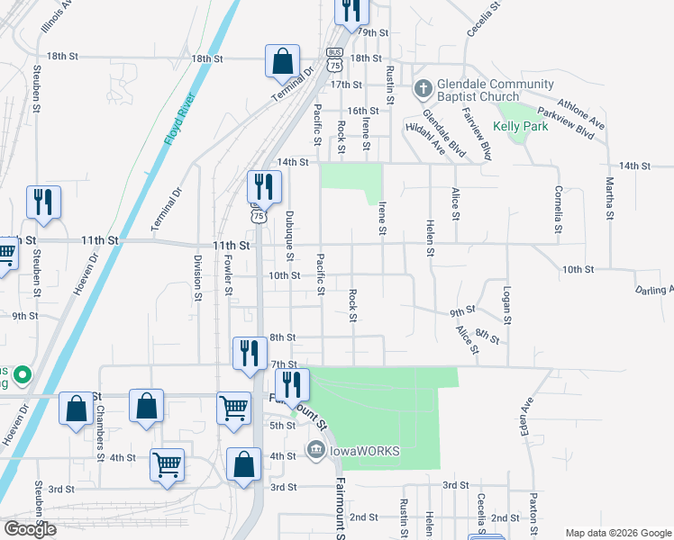 map of restaurants, bars, coffee shops, grocery stores, and more near 2601-2699 10th St in Sioux City