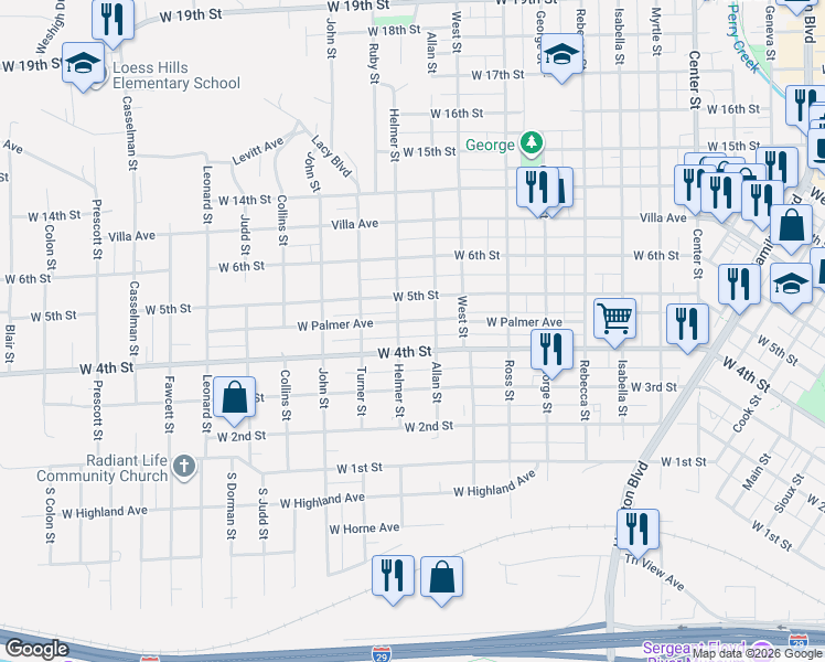 map of restaurants, bars, coffee shops, grocery stores, and more near 1800-1898 W Palmer Ave in Sioux City
