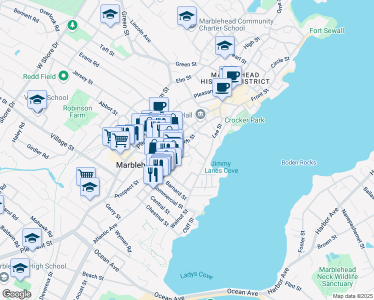 map of restaurants, bars, coffee shops, grocery stores, and more near 3 Waldron Court in Marblehead