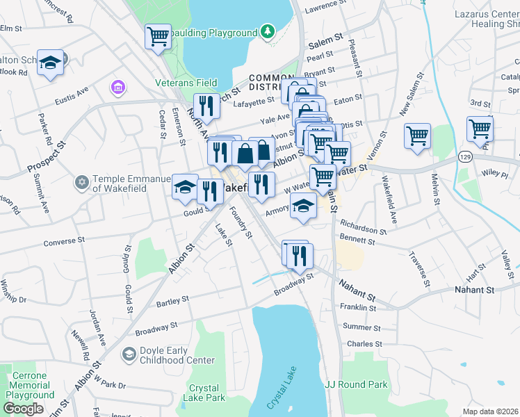 map of restaurants, bars, coffee shops, grocery stores, and more near 94 North Avenue in Wakefield