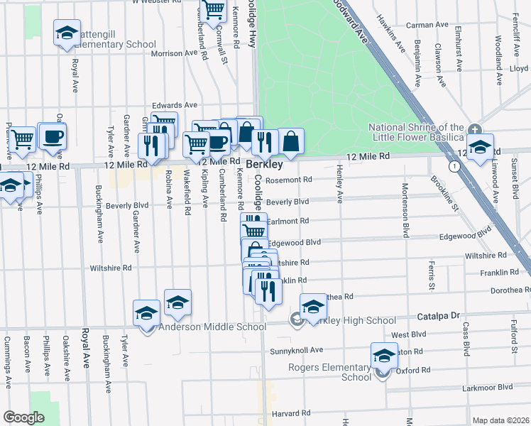 map of restaurants, bars, coffee shops, grocery stores, and more near 3155 Coolidge Highway in Berkley