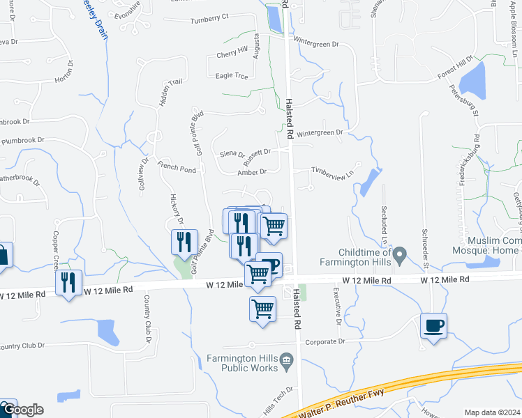 map of restaurants, bars, coffee shops, grocery stores, and more near 37541 Burton Drive in Farmington Hills