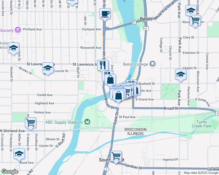 map of restaurants, bars, coffee shops, grocery stores, and more near 120 West Grand Avenue in Beloit