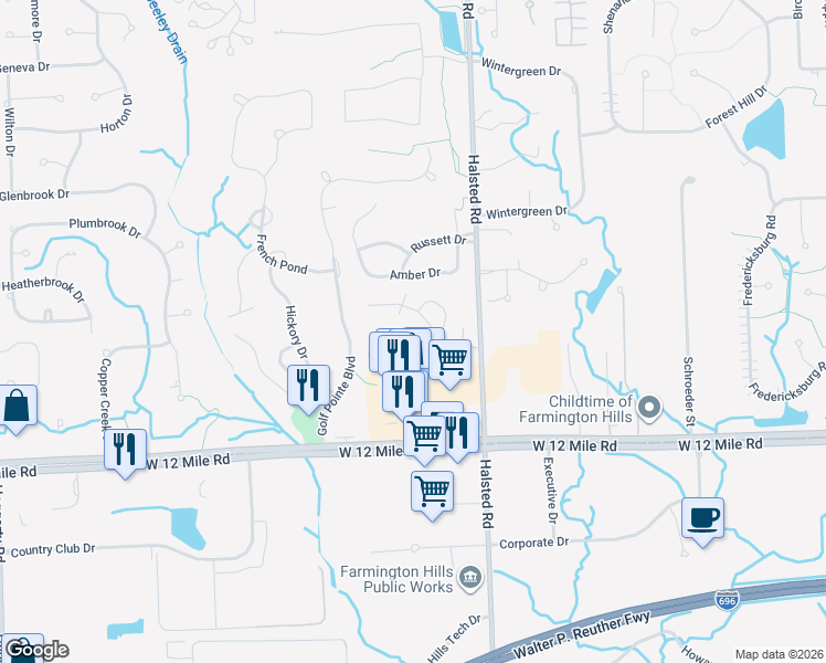 map of restaurants, bars, coffee shops, grocery stores, and more near 37695 Burton Drive in Farmington Hills