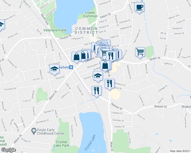 map of restaurants, bars, coffee shops, grocery stores, and more near 24 Armory Street in Wakefield
