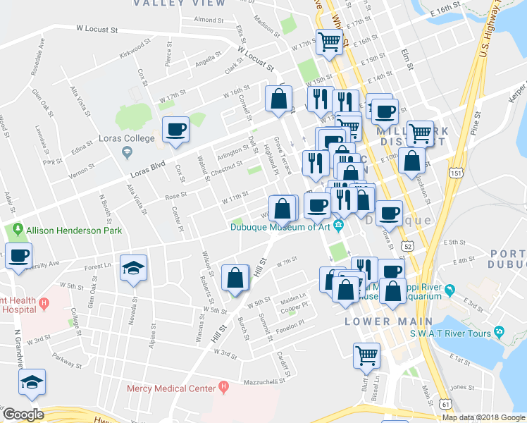map of restaurants, bars, coffee shops, grocery stores, and more near 571 Wilbur St in Dubuque