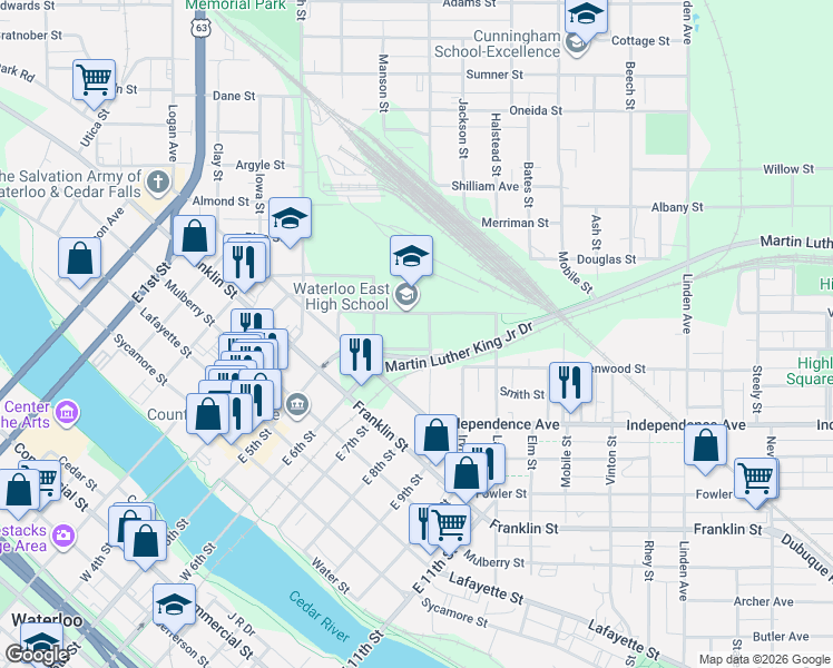 map of restaurants, bars, coffee shops, grocery stores, and more near 301 South Barclay Street in Waterloo