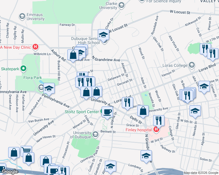 map of restaurants, bars, coffee shops, grocery stores, and more near 1999 Decorah St in Dubuque