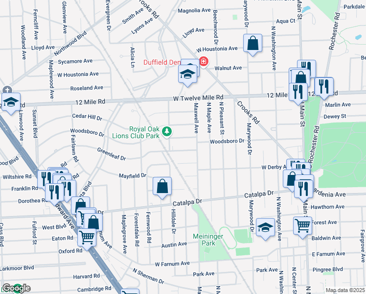 map of restaurants, bars, coffee shops, grocery stores, and more near 1002 Greenleaf Dr in Royal Oak