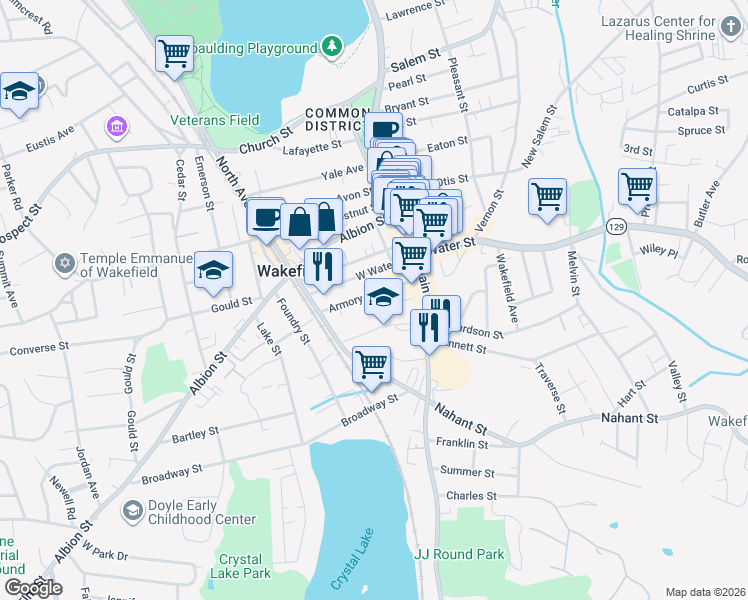 map of restaurants, bars, coffee shops, grocery stores, and more near 24 Armory Street in Wakefield