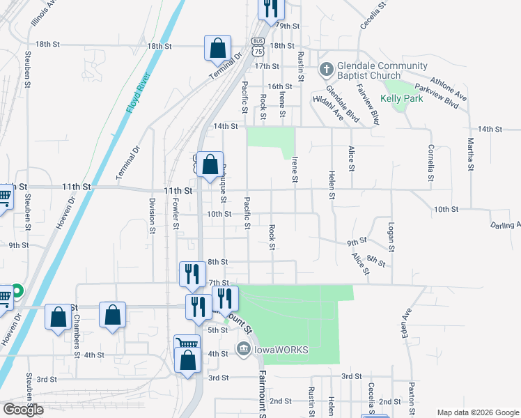 map of restaurants, bars, coffee shops, grocery stores, and more near 2601-2699 10th St in Sioux City