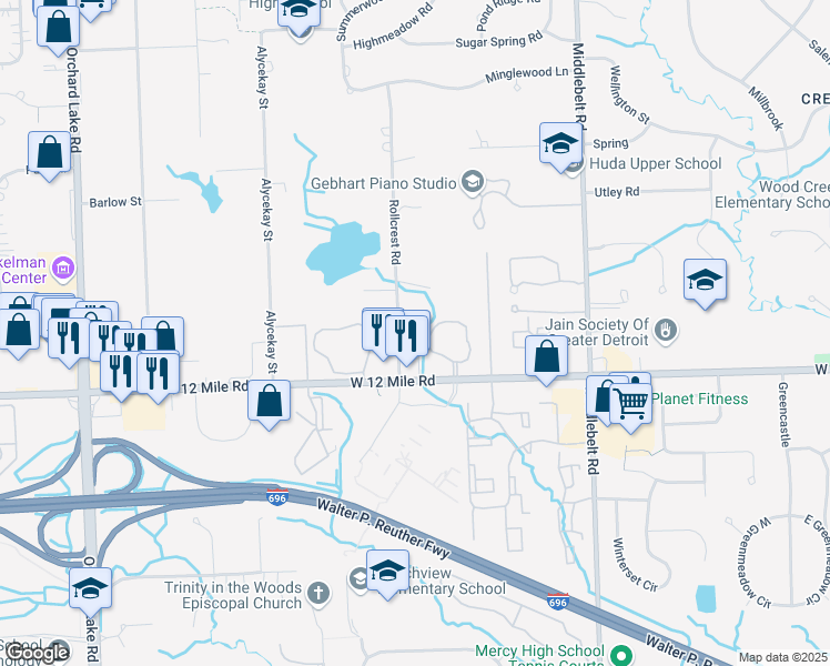 map of restaurants, bars, coffee shops, grocery stores, and more near 28000 Rollcrest Road in Farmington Hills