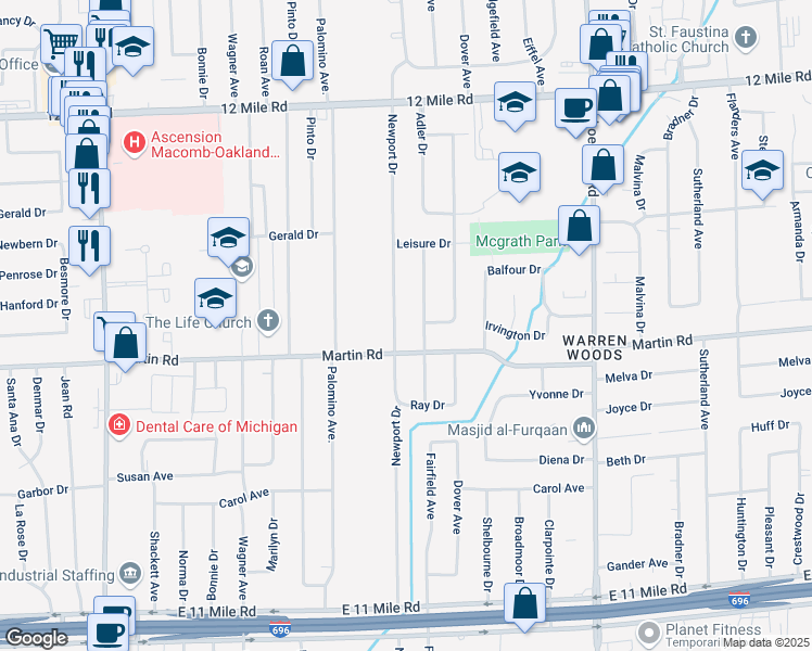 map of restaurants, bars, coffee shops, grocery stores, and more near 28054 Newport Drive in Warren