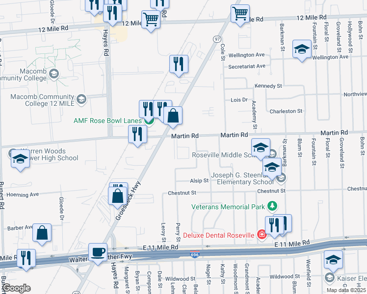 map of restaurants, bars, coffee shops, grocery stores, and more near 15724 Orchard Lane in Roseville