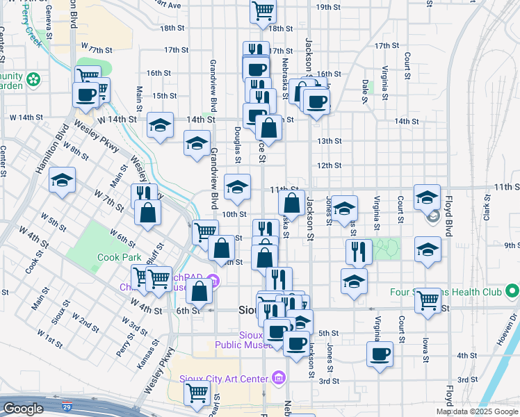 map of restaurants, bars, coffee shops, grocery stores, and more near 1005 Pierce Street in Sioux City