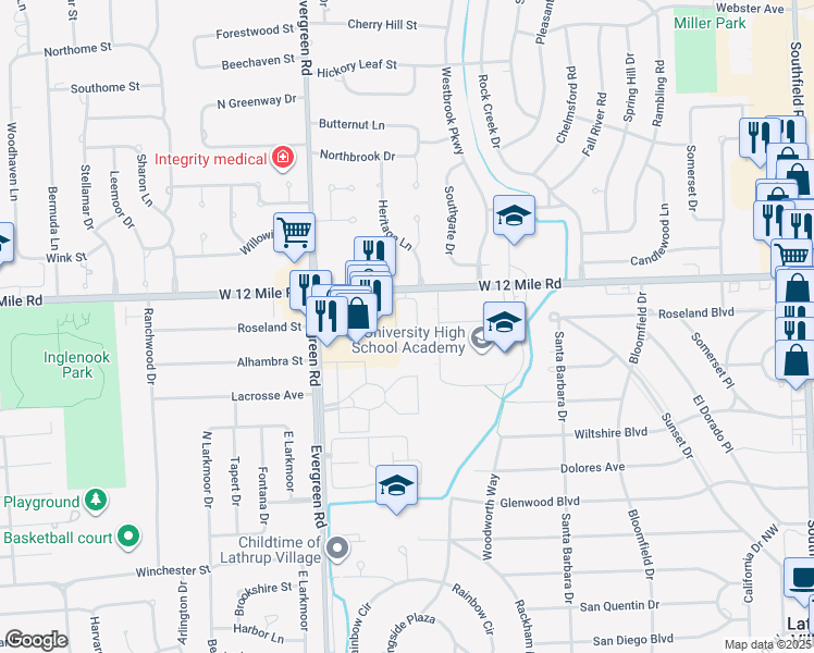 map of restaurants, bars, coffee shops, grocery stores, and more near 19619 West 12 Mile Road in Southfield