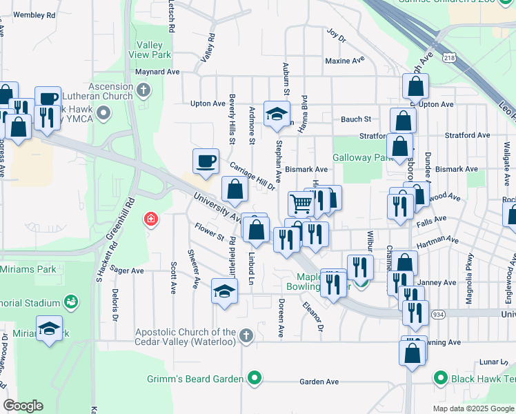 map of restaurants, bars, coffee shops, grocery stores, and more near 3140 University Avenue in Waterloo