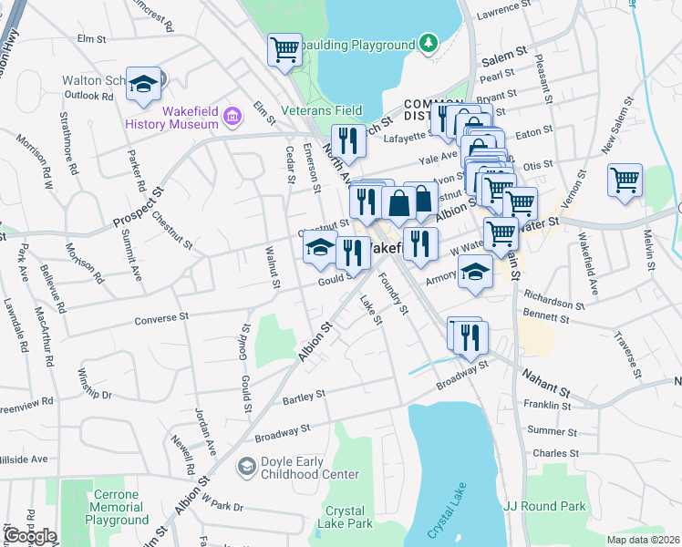 map of restaurants, bars, coffee shops, grocery stores, and more near 11 Gould Street in Wakefield
