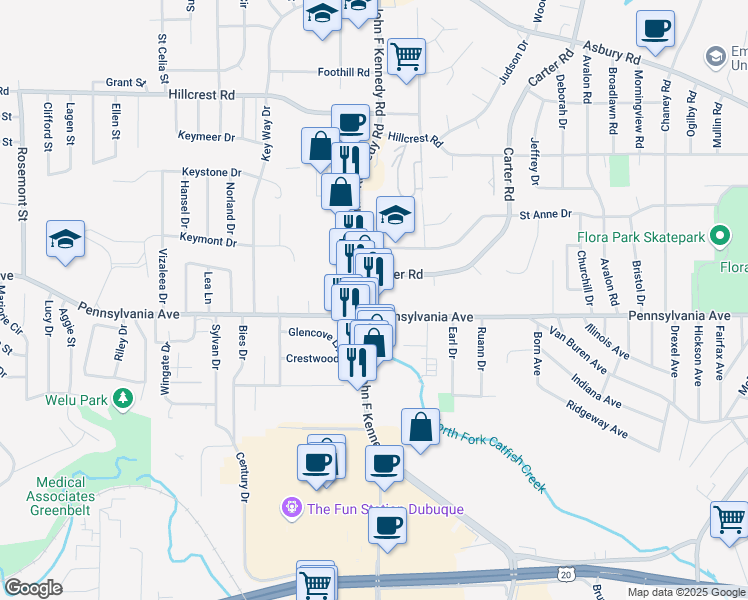 map of restaurants, bars, coffee shops, grocery stores, and more near 3301 Pennsylvania Avenue in Dubuque