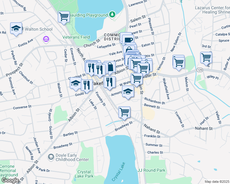 map of restaurants, bars, coffee shops, grocery stores, and more near 39 Armory Street in Wakefield