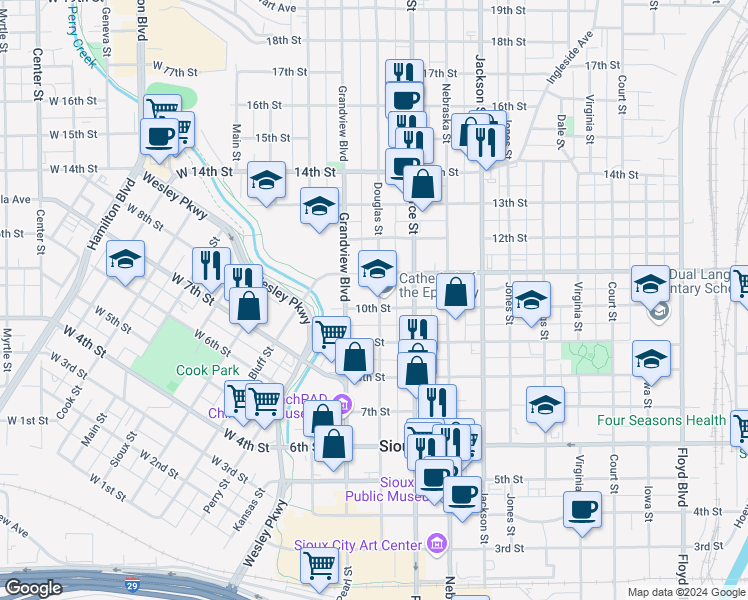 map of restaurants, bars, coffee shops, grocery stores, and more near 1000 Douglas Street in Sioux City