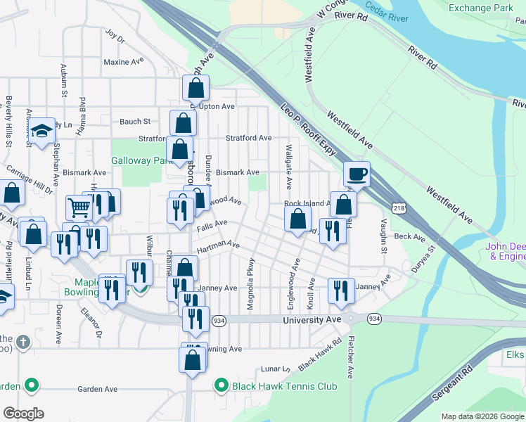 map of restaurants, bars, coffee shops, grocery stores, and more near 740 Magnolia Parkway in Waterloo