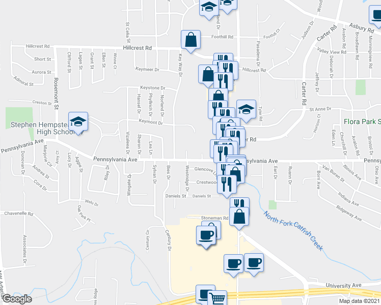 map of restaurants, bars, coffee shops, grocery stores, and more near 1710 Westridge Court in Dubuque