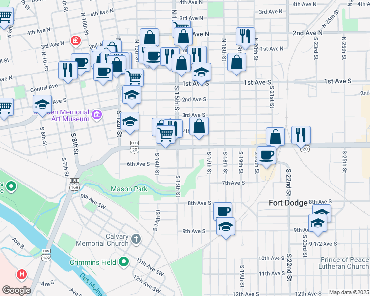map of restaurants, bars, coffee shops, grocery stores, and more near 1545 5th Ave S in Fort Dodge
