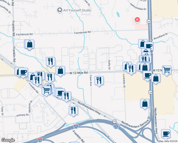 map of restaurants, bars, coffee shops, grocery stores, and more near 25450 West 12 Mile Road in Southfield
