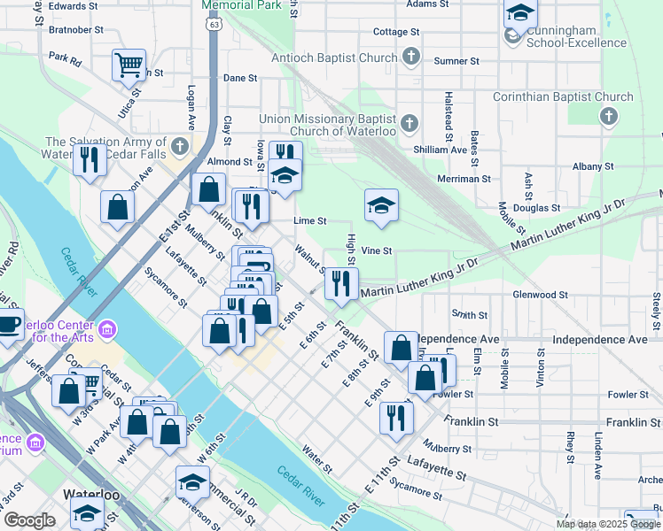 map of restaurants, bars, coffee shops, grocery stores, and more near 633 Walnut Street in Waterloo