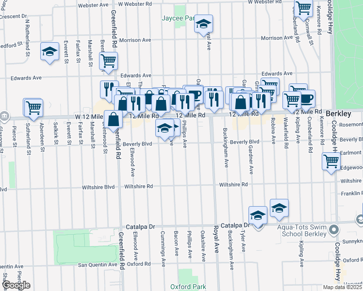 map of restaurants, bars, coffee shops, grocery stores, and more near 3185 Phillips Avenue in Berkley