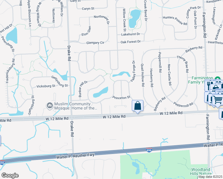 map of restaurants, bars, coffee shops, grocery stores, and more near 34714 Bunker Hill Drive in Farmington Hills