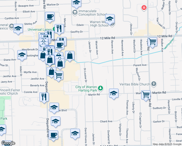 map of restaurants, bars, coffee shops, grocery stores, and more near 28329 James Drive in Warren