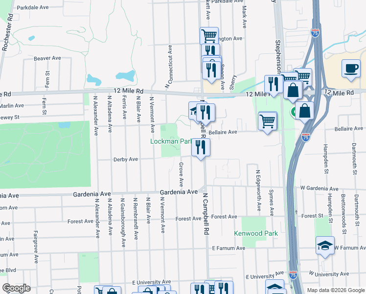 map of restaurants, bars, coffee shops, grocery stores, and more near 1216 Grove Avenue in Royal Oak