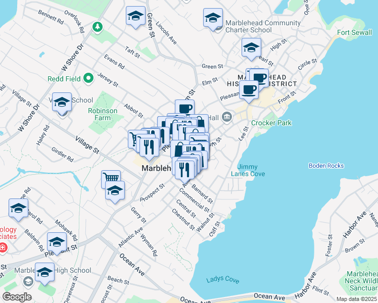 map of restaurants, bars, coffee shops, grocery stores, and more near 7 Atlantic Avenue in Marblehead