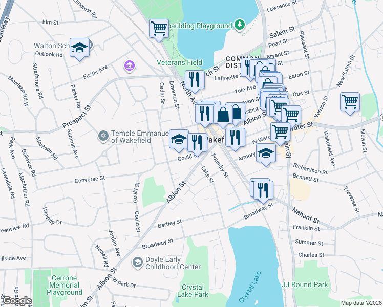 map of restaurants, bars, coffee shops, grocery stores, and more near 11 Gould Street in Wakefield