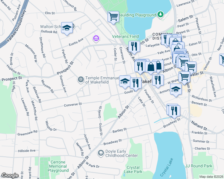 map of restaurants, bars, coffee shops, grocery stores, and more near 12 Walnut Street in Wakefield