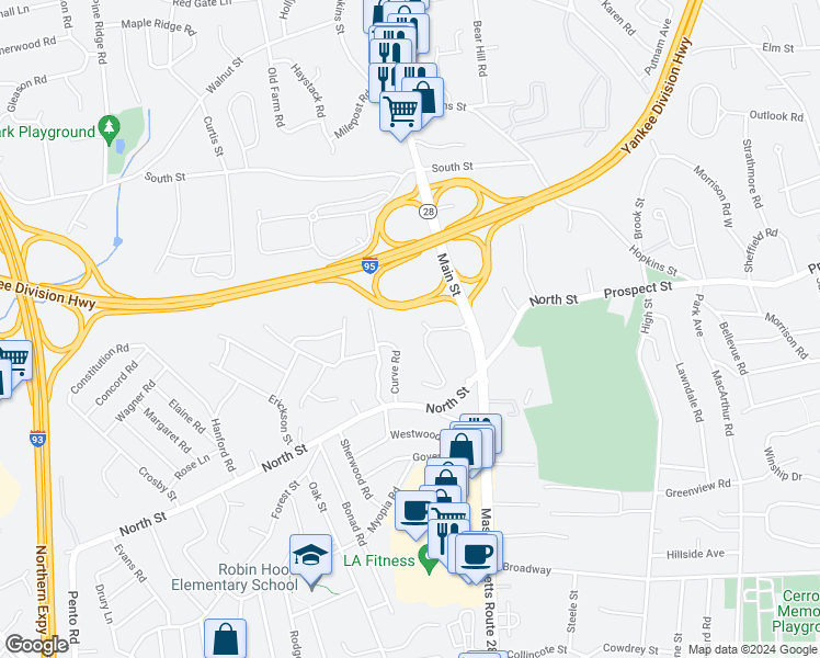 map of restaurants, bars, coffee shops, grocery stores, and more near 3 Stonehill Drive in Stoneham