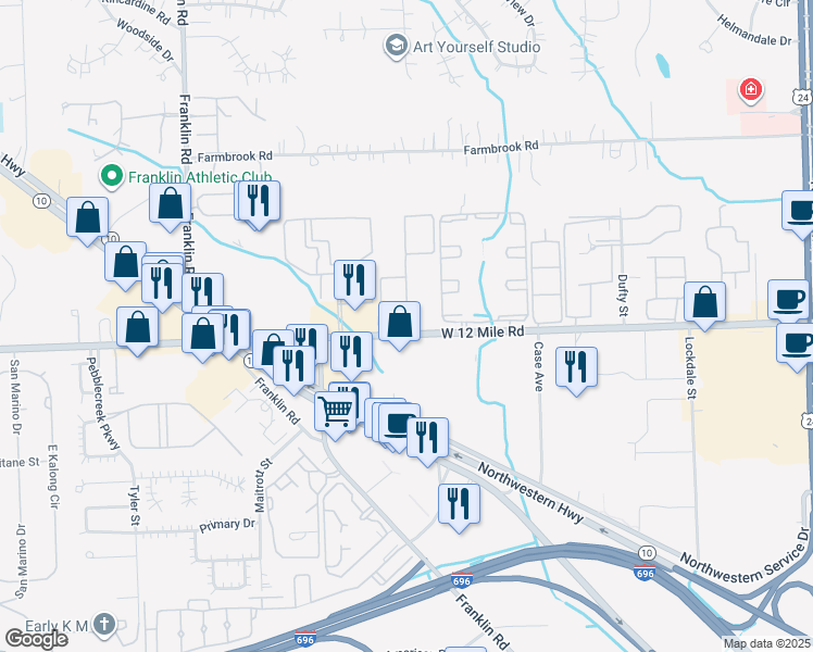 map of restaurants, bars, coffee shops, grocery stores, and more near in Southfield