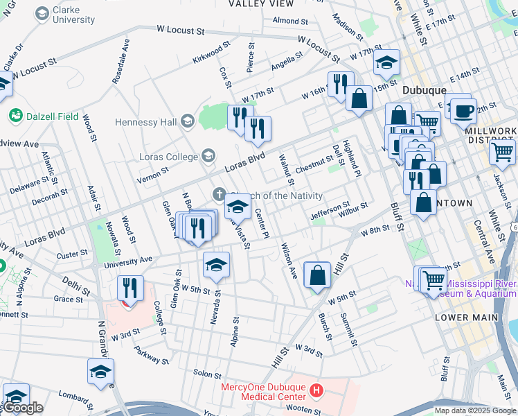 map of restaurants, bars, coffee shops, grocery stores, and more near 1132 Center Place in Dubuque