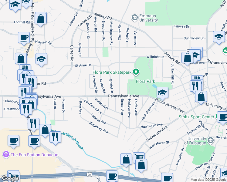 map of restaurants, bars, coffee shops, grocery stores, and more near 1725 Bristol Drive in Dubuque