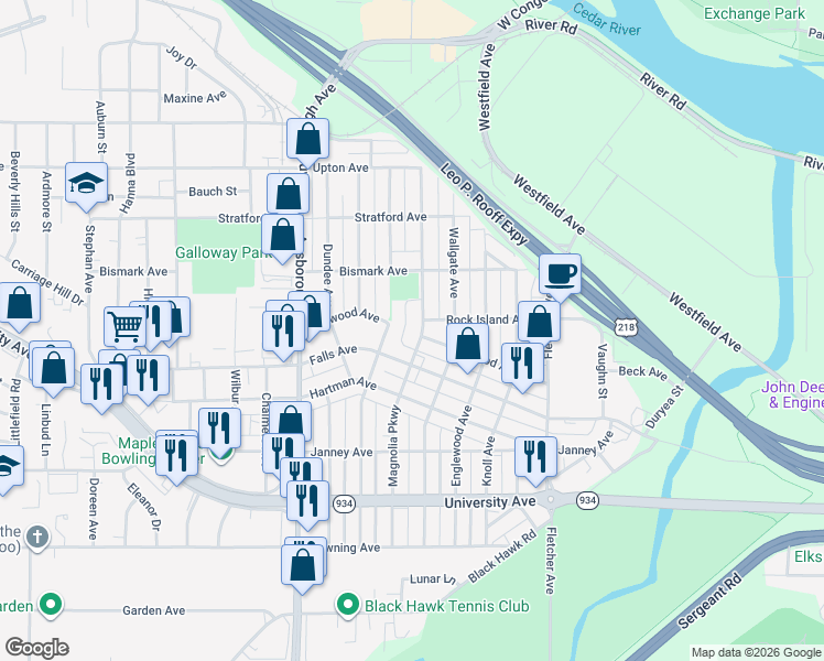 map of restaurants, bars, coffee shops, grocery stores, and more near 740 Magnolia Parkway in Waterloo