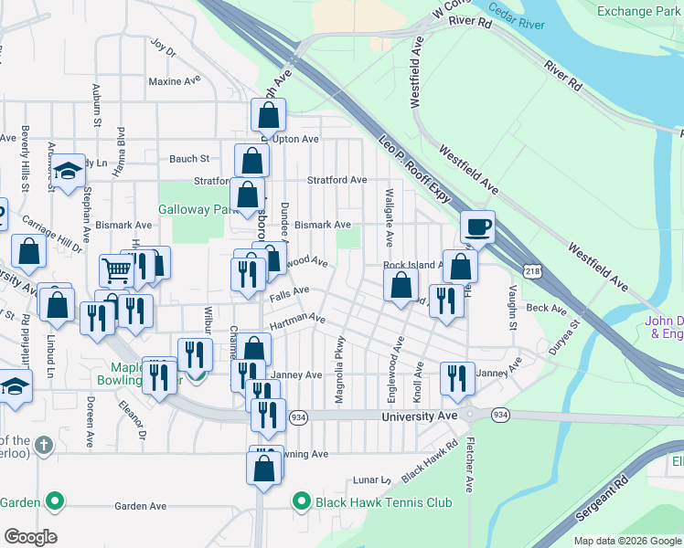 map of restaurants, bars, coffee shops, grocery stores, and more near 740 Magnolia Parkway in Waterloo