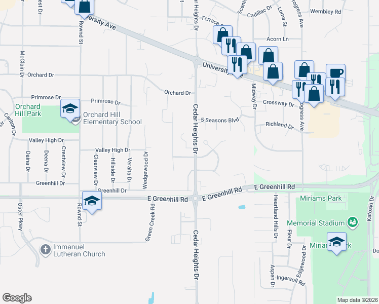 map of restaurants, bars, coffee shops, grocery stores, and more near 3913-4161 Cedar Heights Drive in Cedar Falls