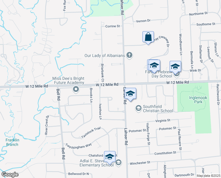 map of restaurants, bars, coffee shops, grocery stores, and more near 22277 West Twelve Mile Road in Southfield
