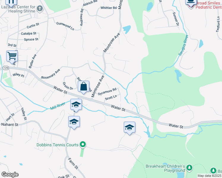 map of restaurants, bars, coffee shops, grocery stores, and more near 30 Sycamore Road in Wakefield