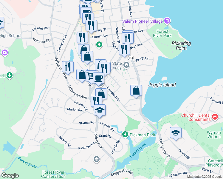 map of restaurants, bars, coffee shops, grocery stores, and more near 13 Raymond Road in Salem