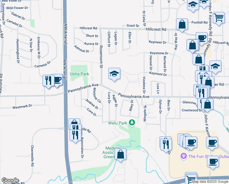 map of restaurants, bars, coffee shops, grocery stores, and more near 1301 Aggie Street in Dubuque
